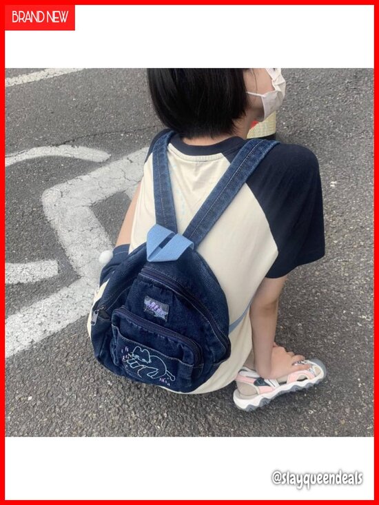 Denim Small Backpack Purse Y2K Mini Cute Cat Bookbag Tiny Japanese Bag Handbag main image 5